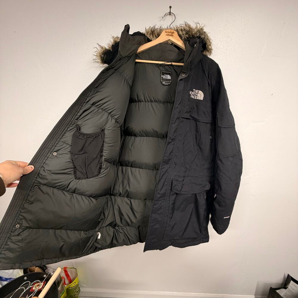 VTG North Face Men McMurdo Goose Down Parka SZ XL Hooded HyVent Black Jacket Fur - Picture 2 of 12